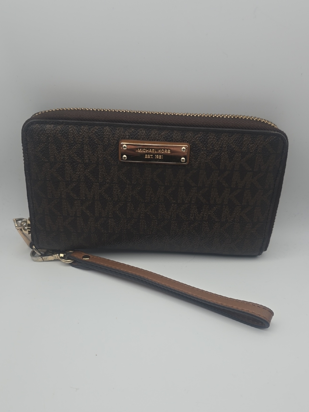 Michael Kors Brown & Tan Mono MK Zip-Around Wristlet/Phone Holder (VERY GOOD)✨️